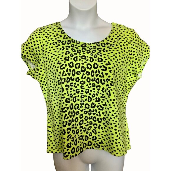 Ruby Rd Womens Petite Lime Green Leopard Print Short Sleeve Stretch Top NEW PXL - Picture 1 of 10